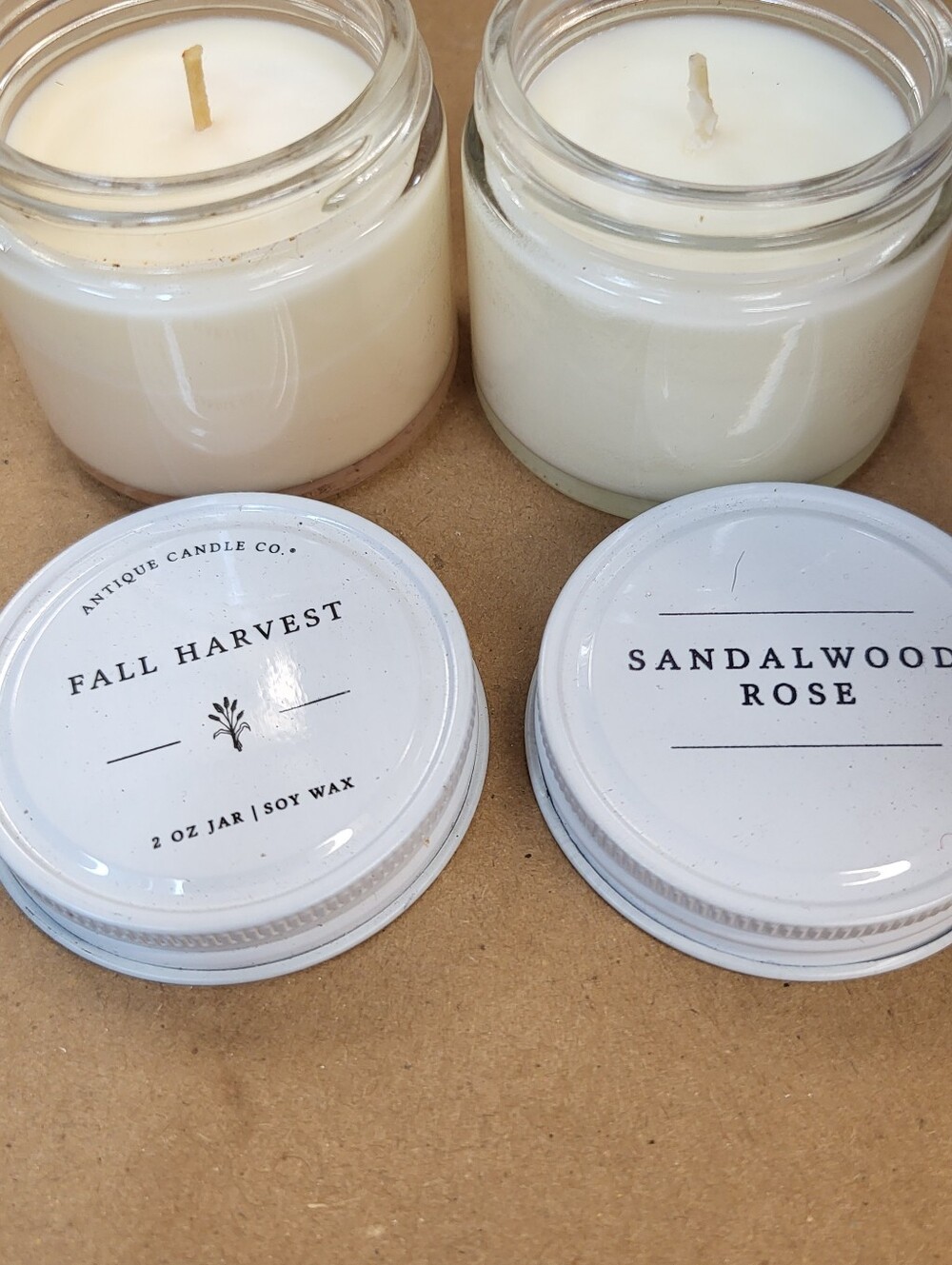 Fall Harvest & Sandalwood Rose Soy Candles - White